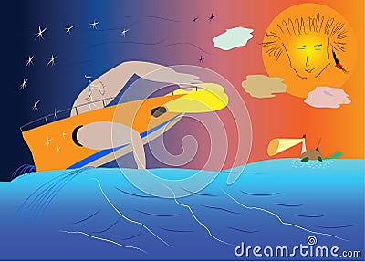 Armed ghost pirate, swimming on a boat with rowing hands, to the Vector Illustration