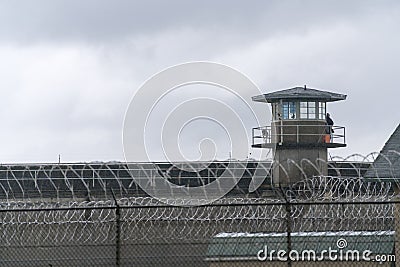 Guard Tower Barbed Wire Fence Boundary Federal Prison Stock Photo