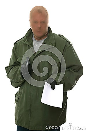 Armed robber with note. Stock Photo