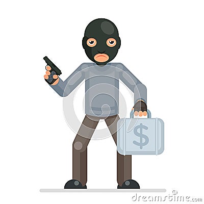 Armed robbery stole money suitcase evil greedily thief cartoon rogue bulgar character flat design isolated vector Vector Illustration