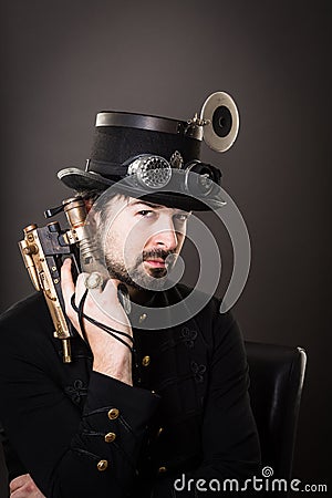 Armed steam punk man Stock Photo