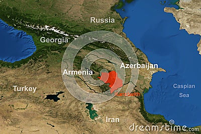 Armenia-Azerbaijan conflict in Nagorno-Karabakh on geographic map. Stock Photo