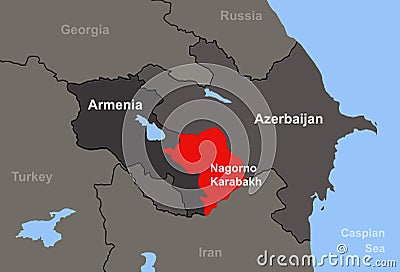 Armenia-Azerbaijan conflict in Nagorno-Karabakh on outline map Stock Photo