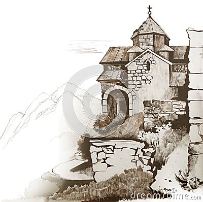 Armenia. Fairy tale in stone. Sketch of ancient Armenian church on shore of Lake Sevan. Hand drawn artwork. Landscape drawing in Stock Photo