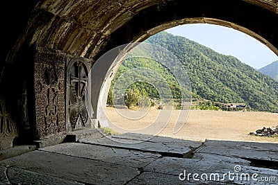Armenia: Haghpat Monastery, Haghpatavank - arch with cross stones Editorial Stock Photo