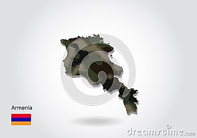 Armenia map with camouflage pattern, Forest / green texture in map. Military concept for army, soldier and war. coat of arms, flag Vector Illustration