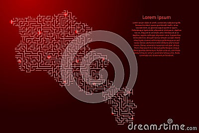 Armenia map from red pattern of the maze grid and glowing space stars grid. Vector illustration. Cartoon Illustration