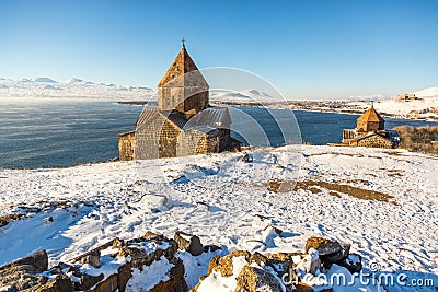 Sevanavank temple complex on Lake Sevan in winter day Stock Photo
