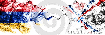 Armenia vs Assyria smoky mystic flags placed side by side. Thick colored silky abstract smoke flags Stock Photo