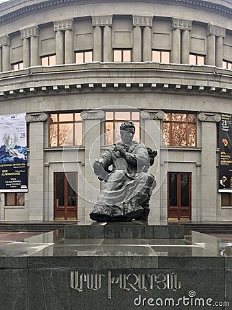 Armenia, Yerevan 37 Mesrop Mashtots Ave, Aram Khachatryan statue. Rear Opera ballet house. 23.02.2020 Editorial Stock Photo