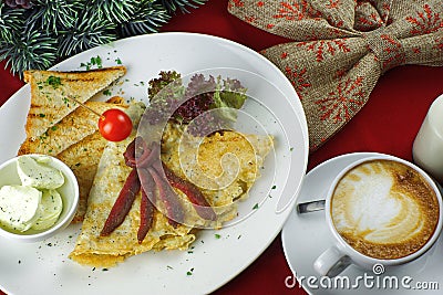 Breakfast with scrambled eggs, coffee and toast. Stock Photo