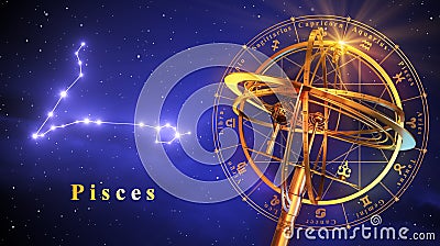 Armillary Sphere And Constellation Pisces Over Blue Background Stock Photo