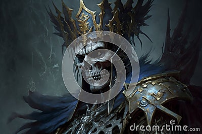 Armor-Clad Skeleton King with Crown: Portrait of a Dark Fantasy Character. AI Stock Photo