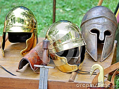 Armor and helmets of ancient Roman origin and medieval helmets o Stock Photo