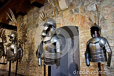 Armor of knights, flying hussars. Background for ancient weapons and war Stock Photo