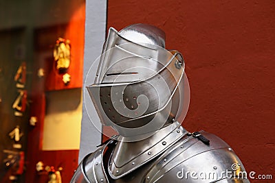 Knight in shining armor. Detail metal helmets Stock Photo