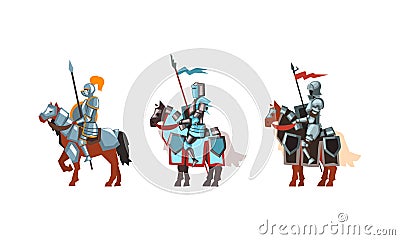 Armored Medieval Knight or Cavalryman Sitting on Horseback Holding Lance Vector Set Vector Illustration