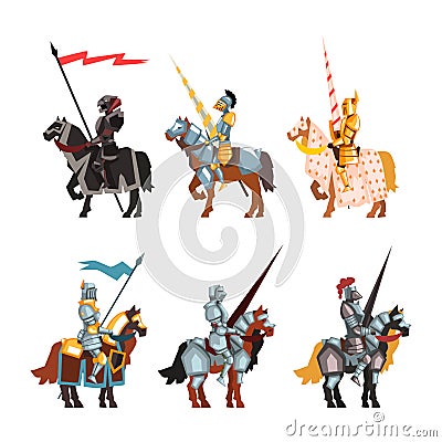 Armored Medieval Knight or Cavalryman Sitting on Horseback Holding Lance Vector Set Vector Illustration