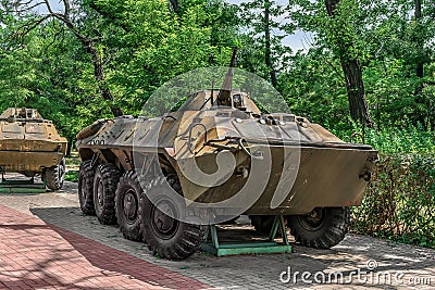 An armored personnel carrier APC in Peremohy Park in Mykolaiv, Ukraine Editorial Stock Photo