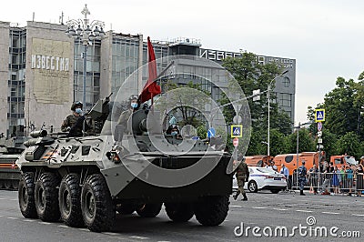 Armored personnel carrier BTR-82A on Tverskaya street in Moscow during the night rehearsal of the Victory parade Editorial Stock Photo