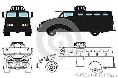 Armored police vehicle colored and outline. Vector Illustration