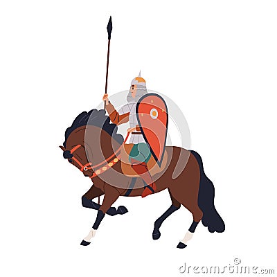 Armored Russian warrior, horse rider with lance and shield. Bogatyr of Ancient Russia, riding horseback. Slavic medieval Vector Illustration