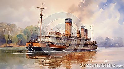 Armored Steamship On The Wide River Watercolor Drawing Stock Photo