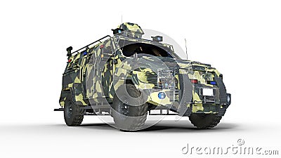 Armored SUV truck, bulletproof army vehicle, camo military car isolated on white background, bottom view, 3D render Stock Photo