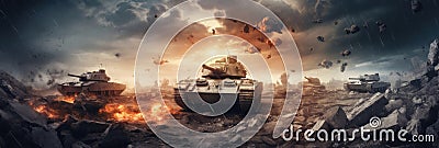 Armored tank shooting of a battle field in a war. bombs and explosions in war. Generative Ai Stock Photo