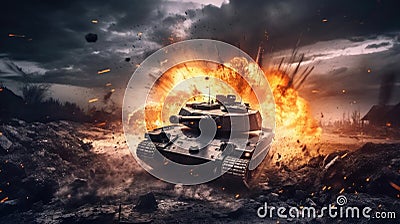 Armored tank shooting of a battle field in a war. bombs and explosions in war. Generative Ai Stock Photo