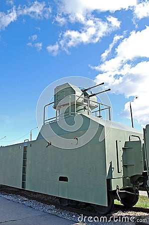 Armored train with the antiaircraft emplacement. Exhibit of the technical museum of Sakharov. Togliatti. Russia Editorial Stock Photo