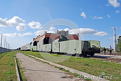 Armored train with the antiaircraft emplacement. Exhibit of the technical museum of Sakharov. Togliatti. Russia Editorial Stock Photo