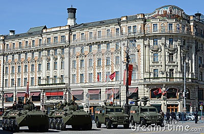 Armored vehicles in rehearsal celebration of the Victory Parade in Moscow. Editorial Stock Photo