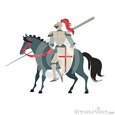 Armoured medieval knight riding on a horse with spear and shield. Flat illustration isolated on white background. Vector Illustration