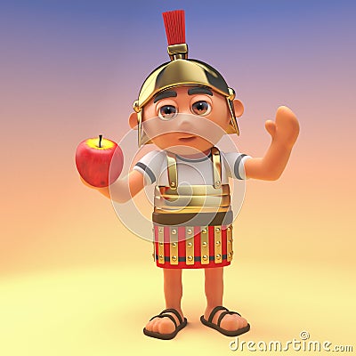 Armoured Roman legionnaire soldier holding an apple, 3d illustration Cartoon Illustration