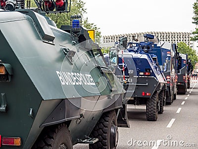 Armoured vehicles and water cannons of the Federal Police Stock Photo