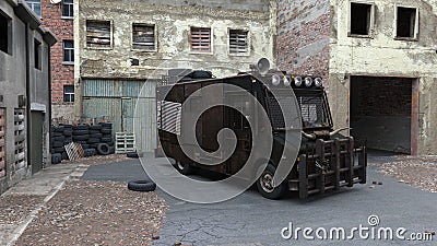 3D rendering of an armoured zombie hunter van in a ruined post apocalyptic urban street Cartoon Illustration