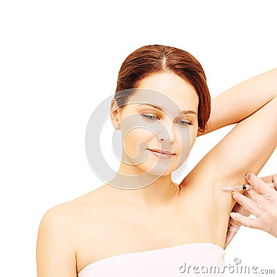 Armpit anti hyperhidrosis treatment. Cosmetic injecting procedure. Clinic cosmetology sweat therapy. Beuty young woman. Girl skin Stock Photo