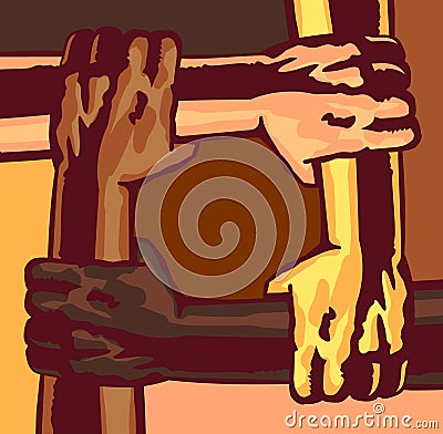 Arms different race and skin color holding each other, solidarity multi-ethnic community cooperation illustration Vector Illustration