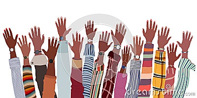 Arms and hands raised up ethnic group of black African and African American men and women. Black people community.Identity concept Vector Illustration