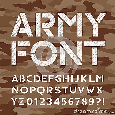 Army alphabet font. Distressed type letters and numbers. Vector Illustration