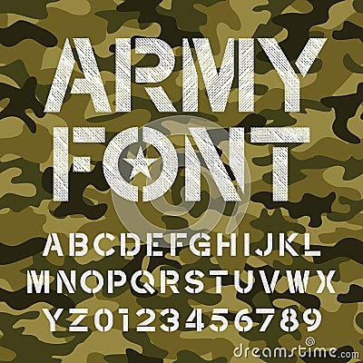 Army alphabet font. Endless camo background. Vector Illustration