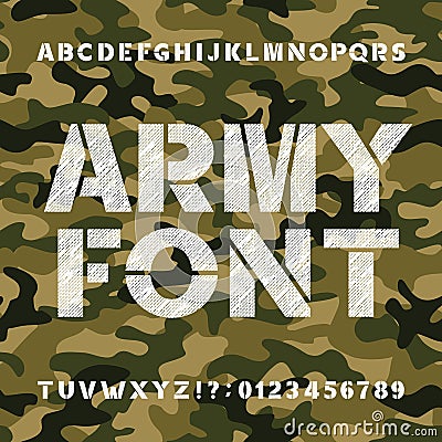 Army alphabet font. Scratched bold type letters and numbers on a seamless camo background. Vector Illustration