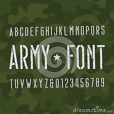 Army alphabet font. Scratched type letters and numbers on camo background. Vector Illustration