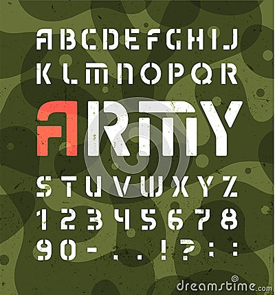 Army alphabet. Stencil military font with numbers. Vector symbols set on green khaki background. Vector Illustration