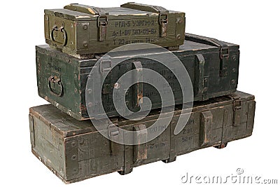Army ammunition stack of green crates. Text in russian - type of ammunition, projectile caliber, projectile type, number of pieces Stock Photo