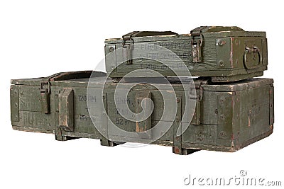 Army ammunition stack of green crates. Text in russian - type of ammunition, projectile caliber, projectile type, number of pieces Stock Photo