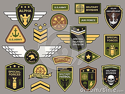 Army badges. Military patch, air force captain sign and paratrooper insignia badge vector patches set Vector Illustration