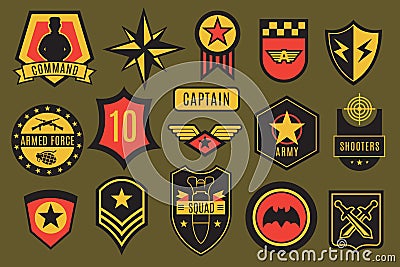 Army badges. Usa military patches and airborne labels. American soldier chevrons with typography and star vector set Vector Illustration