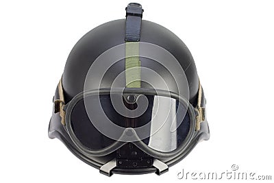 army black kevlar helmet with goggles Stock Photo